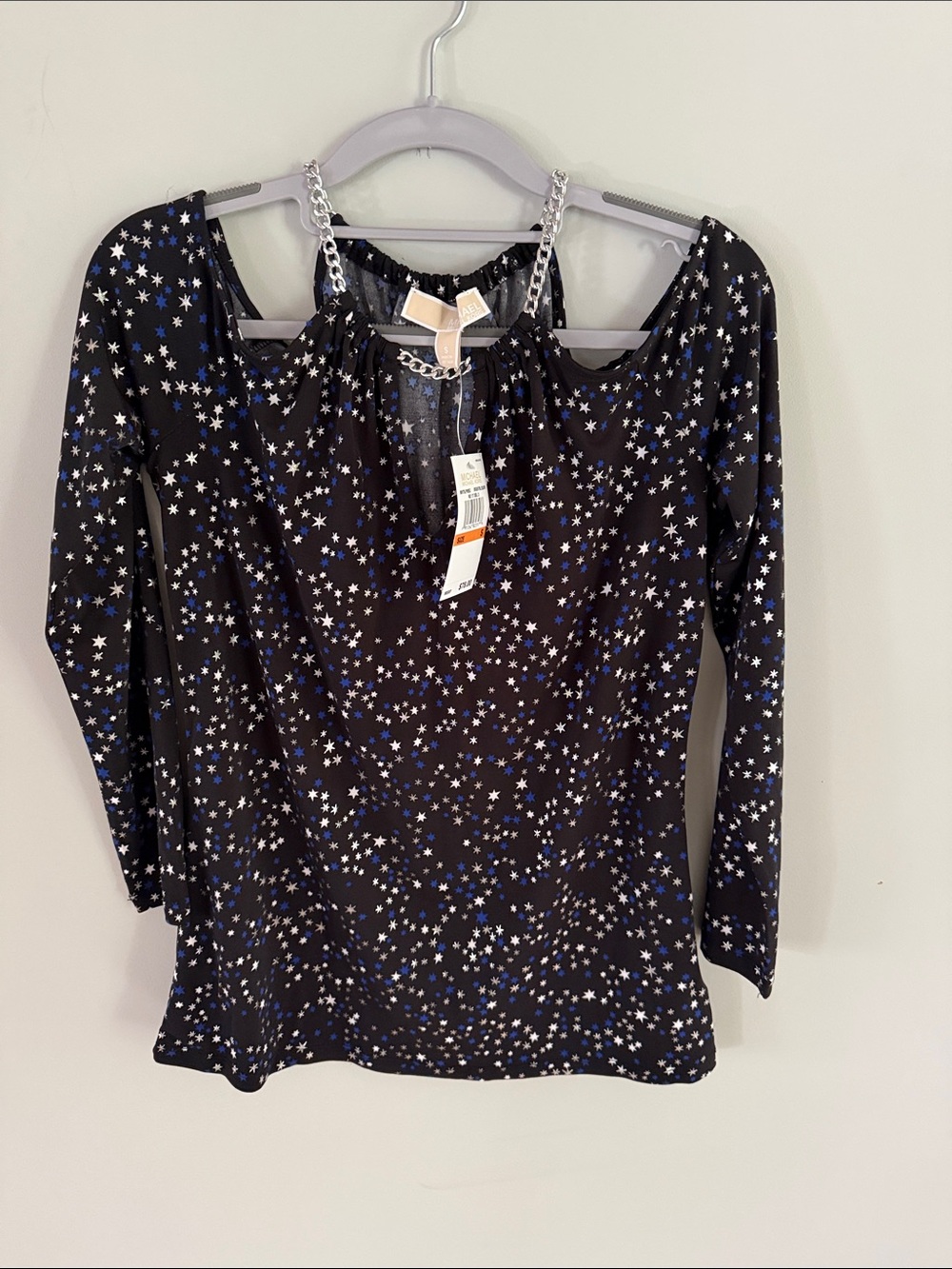 Michael Kors Black Cold-Shoulder Long Sleeve Star Print Top